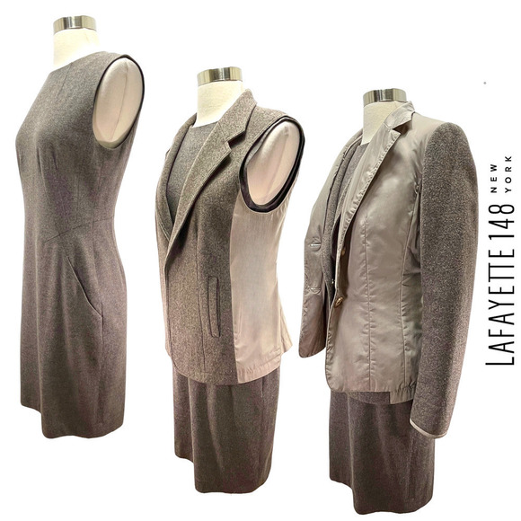 Lafayette 148 NY 3-Piece Taupe Wool Suit Dress — Dress (2), Vest (4) Blazer (4) - Picture 1 of 16